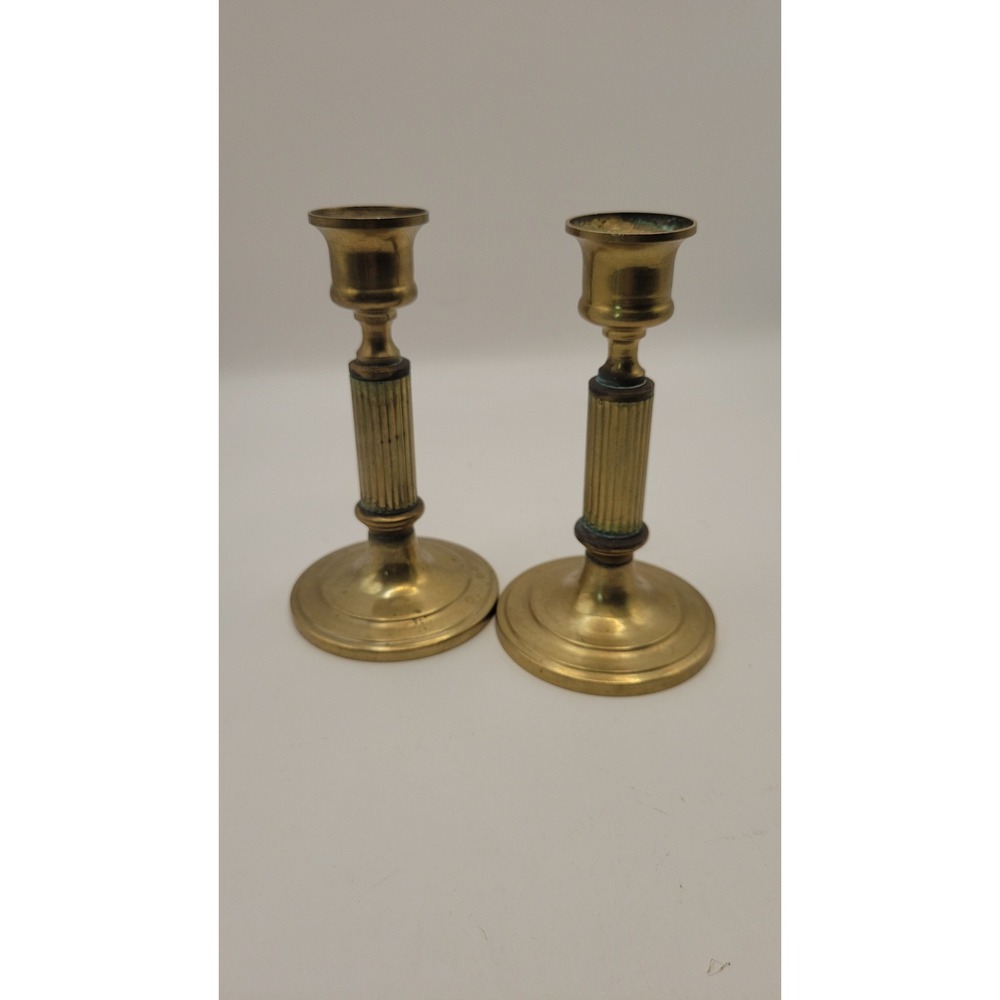 Vintage Solid Brass Ribbed Column Candlestick Holders Mid Century Pair 14.3 oz